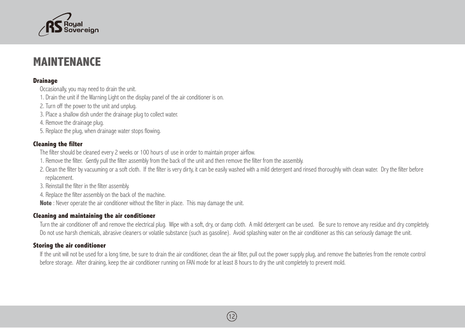 Maintenance | Royal Sovereign ARP-5010X User Manual | Page 12 / 32