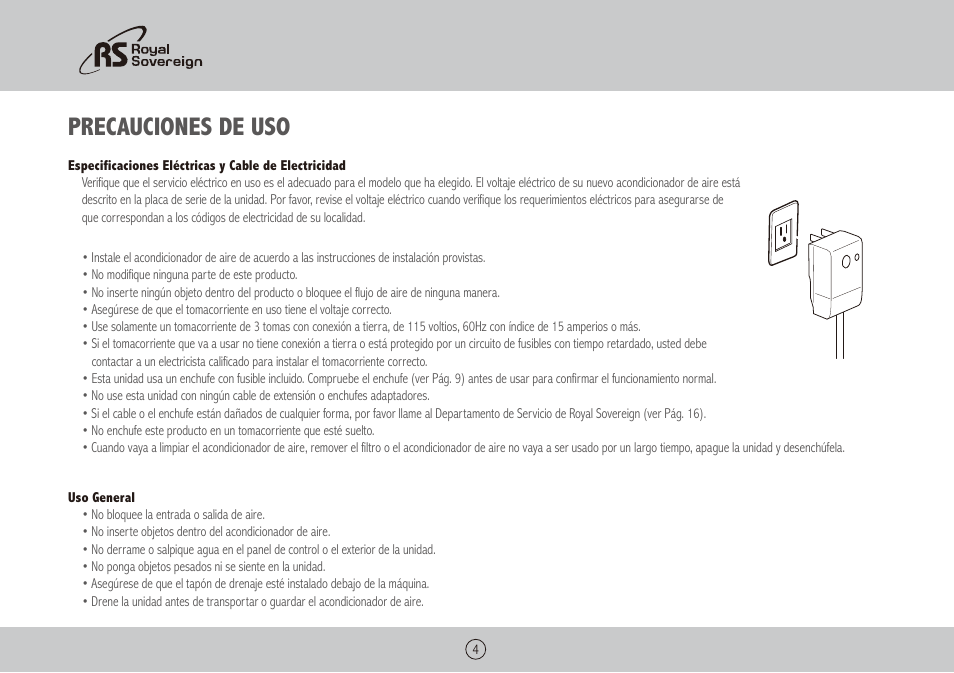 Precauciones de uso | Royal Sovereign ARP-5010X User Manual | Page 20 / 32