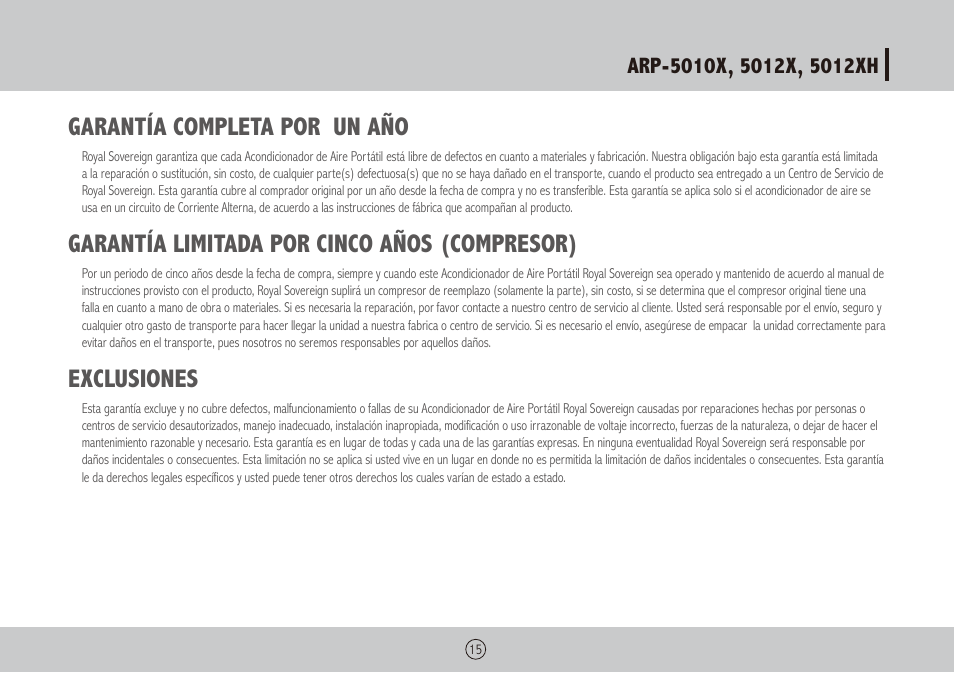 Garantía completa por un año, Garantía limitada por cinco años (compresor), Exclusiones | Royal Sovereign ARP-5010X User Manual | Page 31 / 32