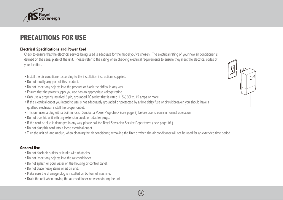 Precautions for use | Royal Sovereign ARP-5010X User Manual | Page 4 / 32