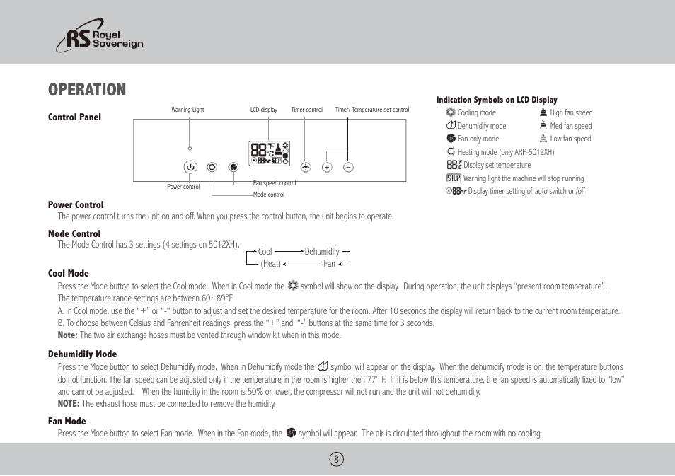 Operation | Royal Sovereign ARP-5010X User Manual | Page 8 / 32
