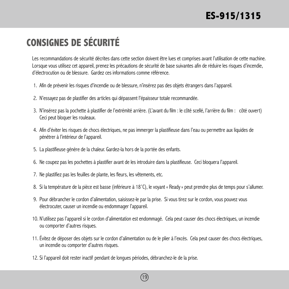 Consignes de sécurité | Royal Sovereign ES-1315 User Manual | Page 19 / 24