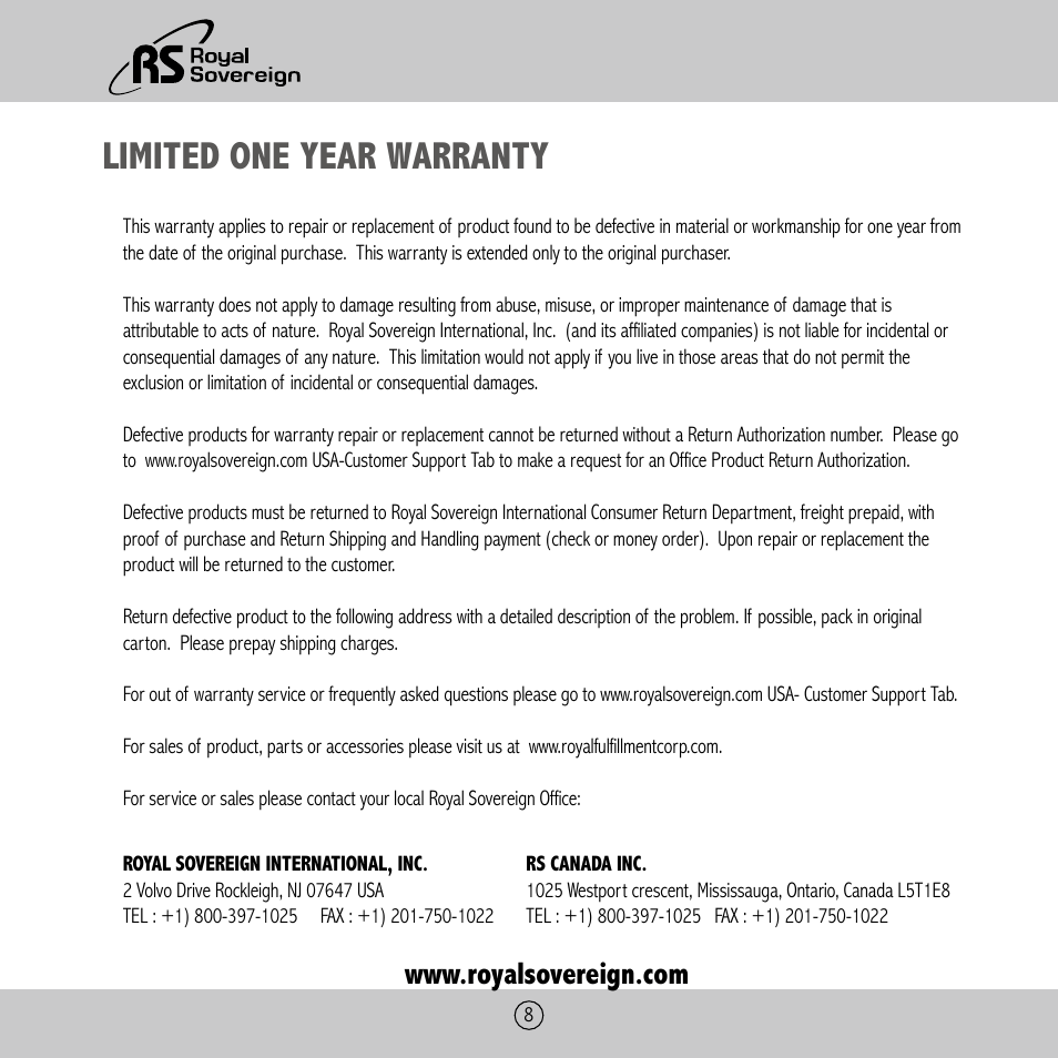 Limited one year warranty | Royal Sovereign ES-1315 User Manual | Page 8 / 24