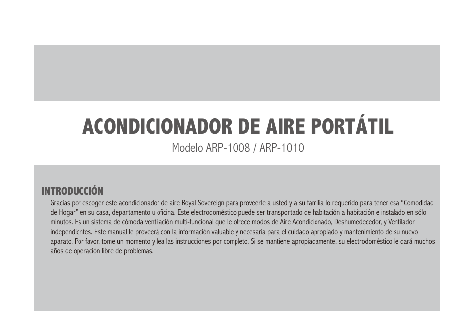 Acondicionador de aire portátil | Royal Sovereign ARP-1010 User Manual | Page 18 / 32