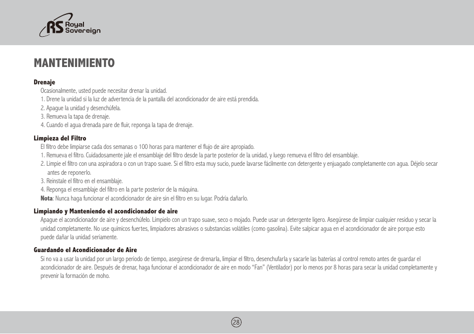 Mantenimiento | Royal Sovereign ARP-1010 User Manual | Page 28 / 32