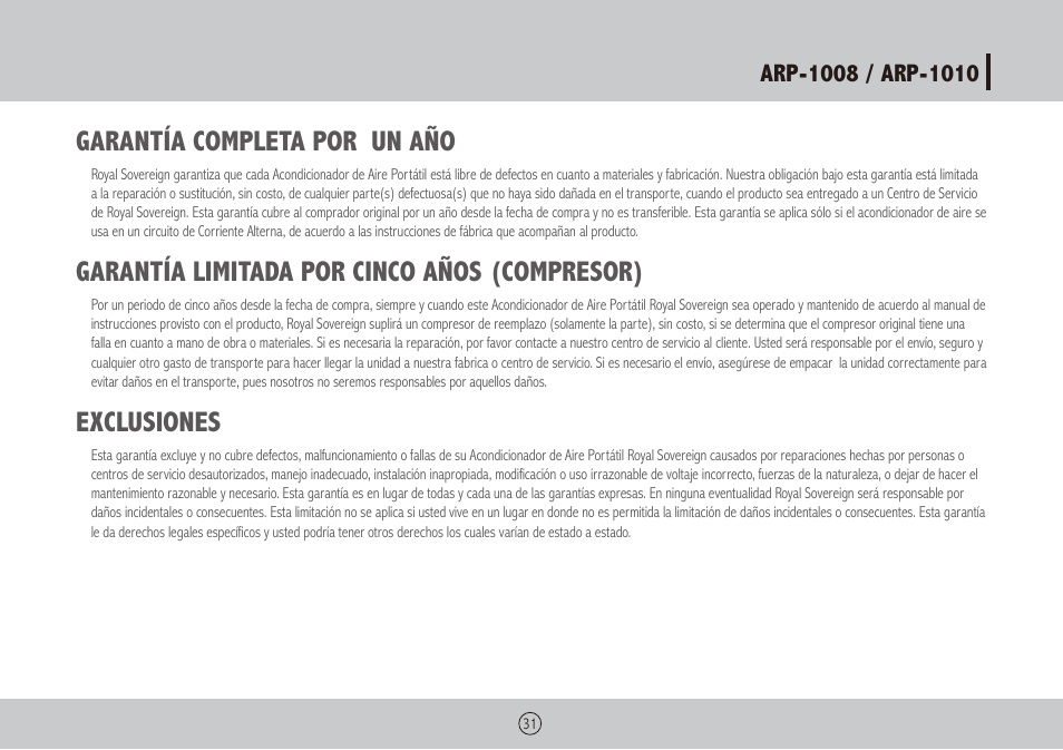 Garantía completa por un año, Garantía limitada por cinco años (compresor), Exclusiones | Royal Sovereign ARP-1010 User Manual | Page 31 / 32