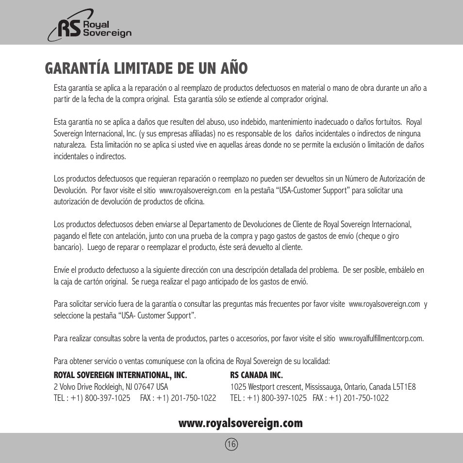 Garantía limitade de un año | Royal Sovereign ES-910 User Manual | Page 16 / 24