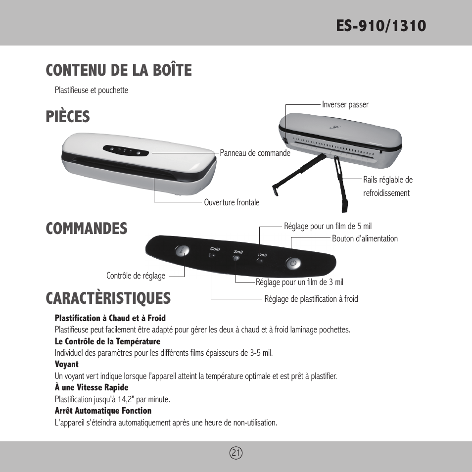 Contenu de la boîte, Pièces commandes caractèristiques | Royal Sovereign ES-910 User Manual | Page 21 / 24