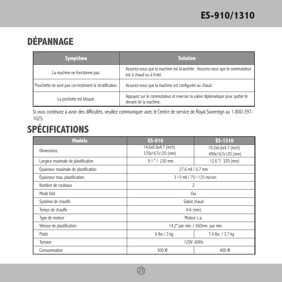 Dépannage, Spécifications | Royal Sovereign ES-910 User Manual | Page 23 / 24