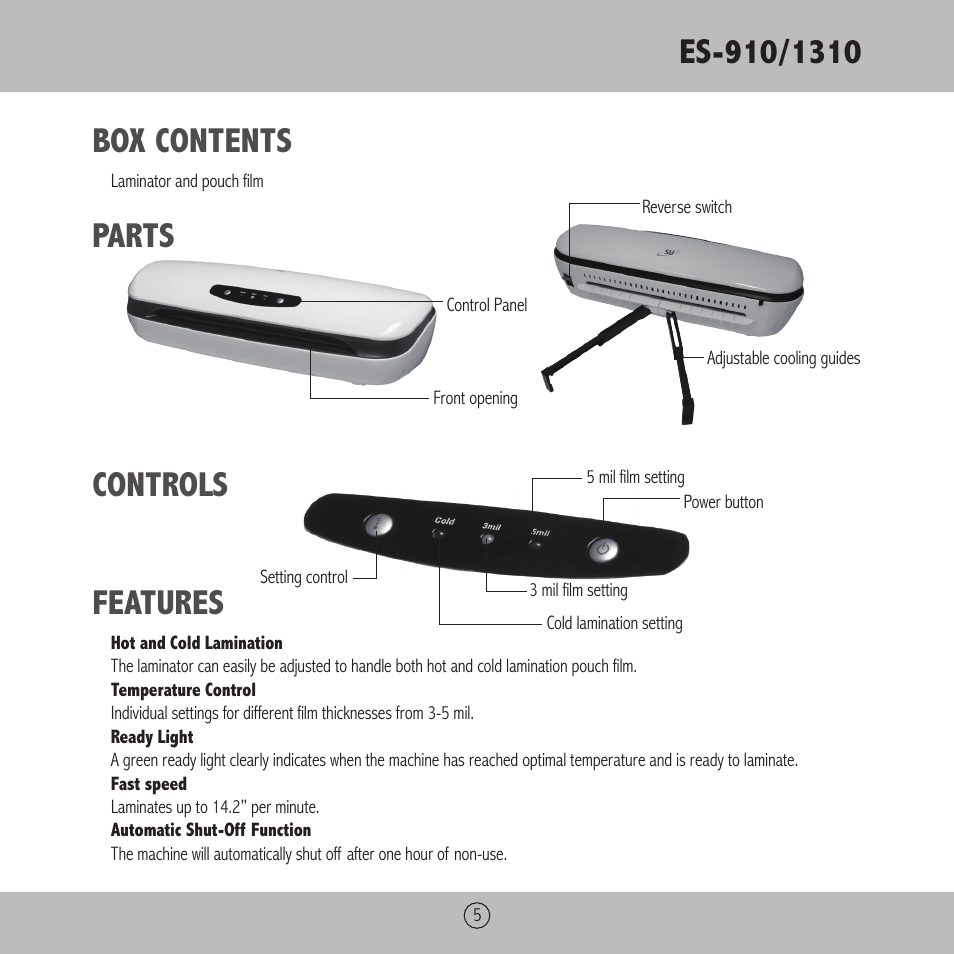 Box contents, Parts controls features | Royal Sovereign ES-910 User Manual | Page 5 / 24