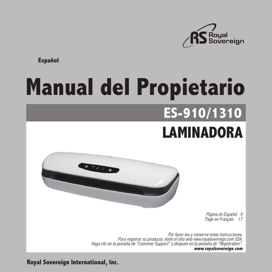 Manual del propietario, Laminadora | Royal Sovereign ES-910 User Manual | Page 9 / 24