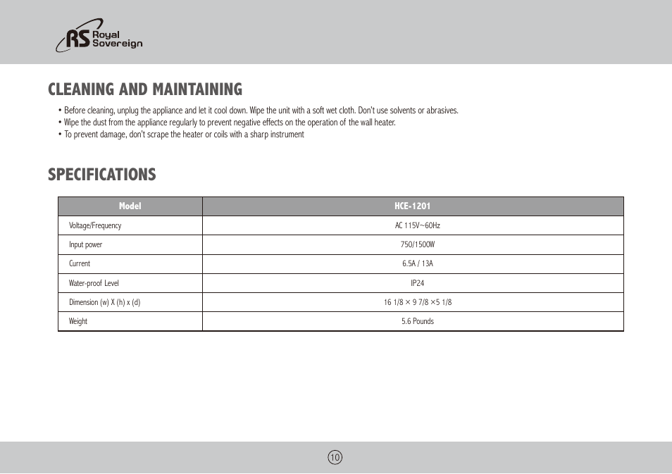 Cleaning and maintaining, Specifications | Royal Sovereign HCE-1201 User Manual | Page 10 / 24