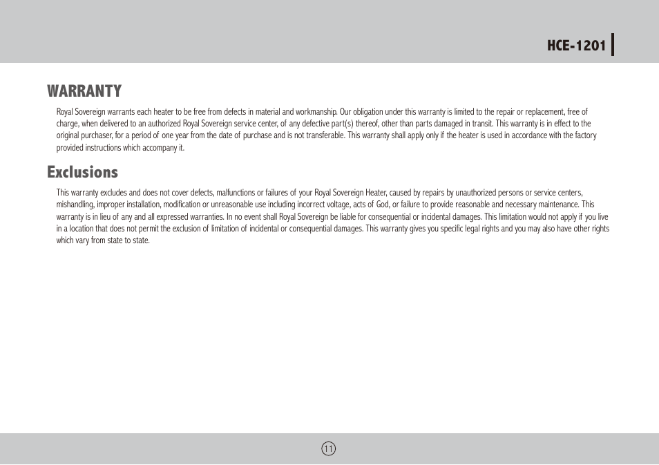 Warranty, Exclusions | Royal Sovereign HCE-1201 User Manual | Page 11 / 24