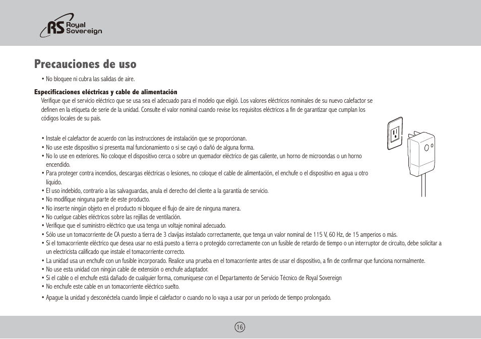 Precauciones de uso | Royal Sovereign HCE-1201 User Manual | Page 16 / 24