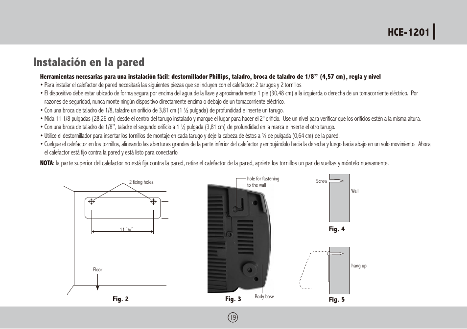 Instalación en la pared, Hce-1201 | Royal Sovereign HCE-1201 User Manual | Page 19 / 24