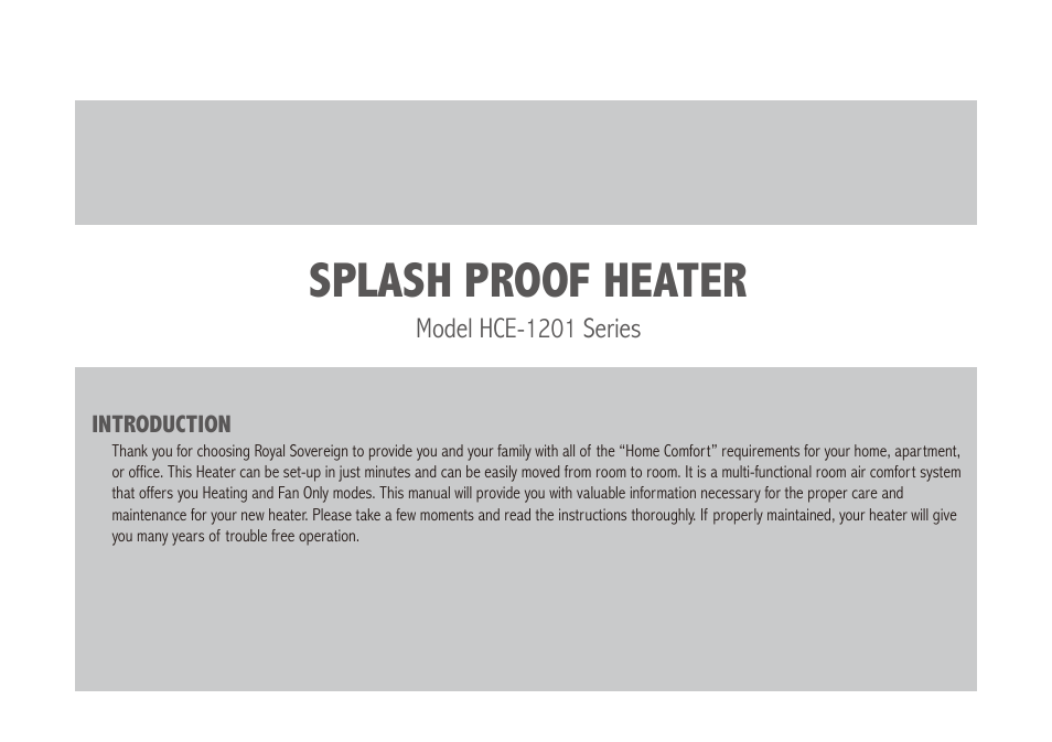 Splash proof heater | Royal Sovereign HCE-1201 User Manual | Page 2 / 24