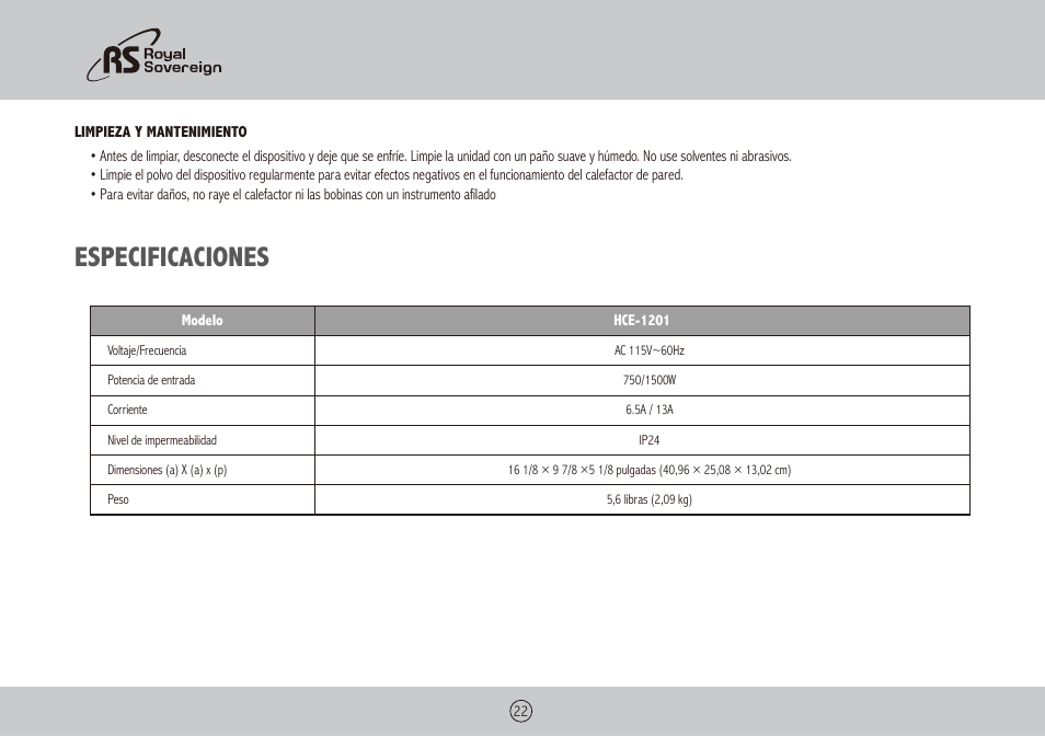 Especificaciones | Royal Sovereign HCE-1201 User Manual | Page 22 / 24
