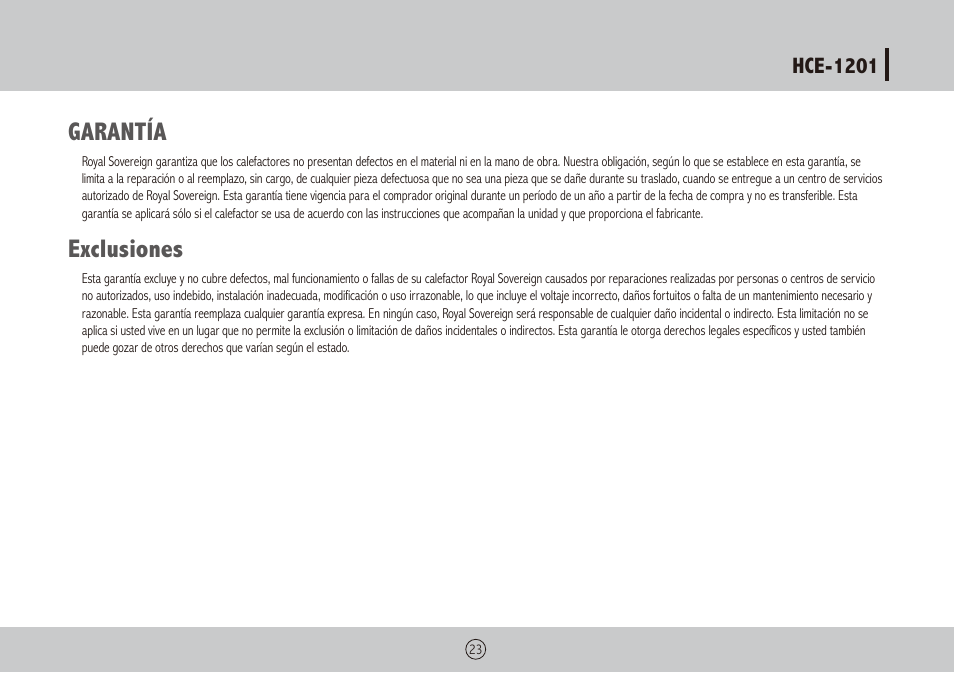Garantía, Exclusiones | Royal Sovereign HCE-1201 User Manual | Page 23 / 24