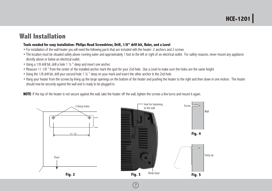 Wall installation, Hce-1201 | Royal Sovereign HCE-1201 User Manual | Page 7 / 24