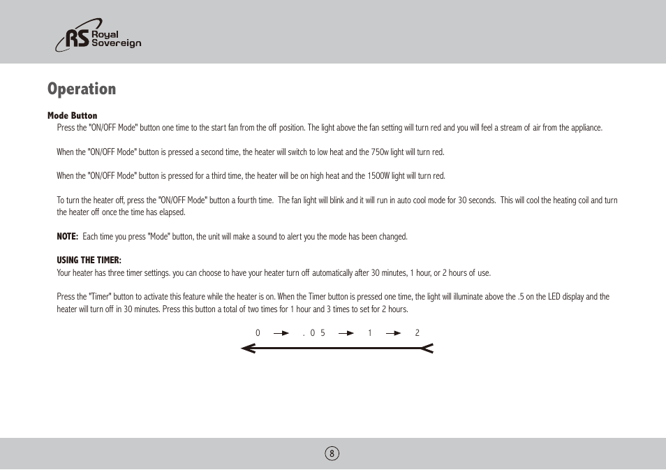 Operation | Royal Sovereign HCE-1201 User Manual | Page 8 / 24