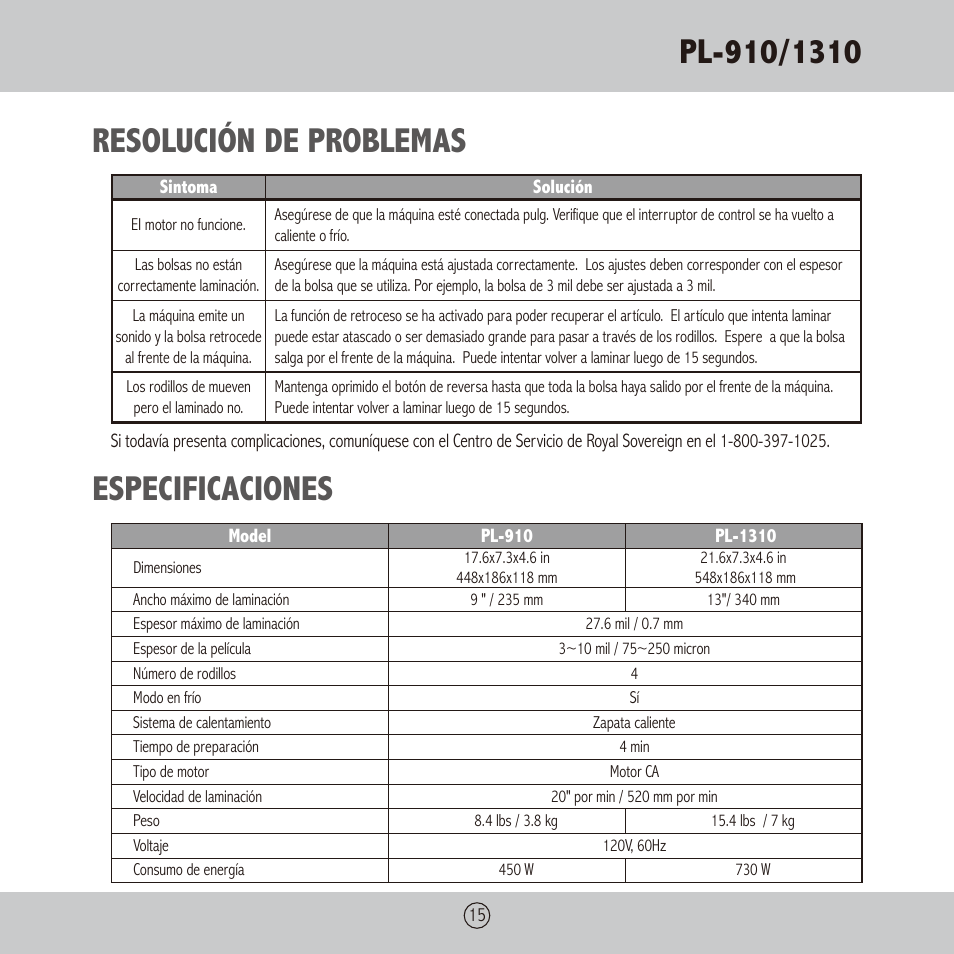 Resolución de problemas especificaciones | Royal Sovereign PL-1310 User Manual | Page 15 / 24