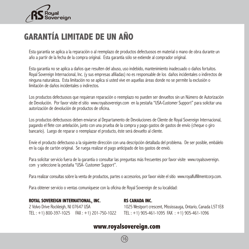 Garantía limitade de un año | Royal Sovereign PL-1310 User Manual | Page 16 / 24