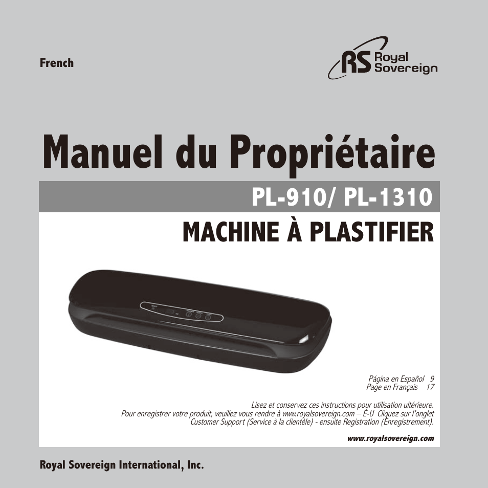 Manuel du propriétaire, Machine à plastifier | Royal Sovereign PL-1310 User Manual | Page 17 / 24