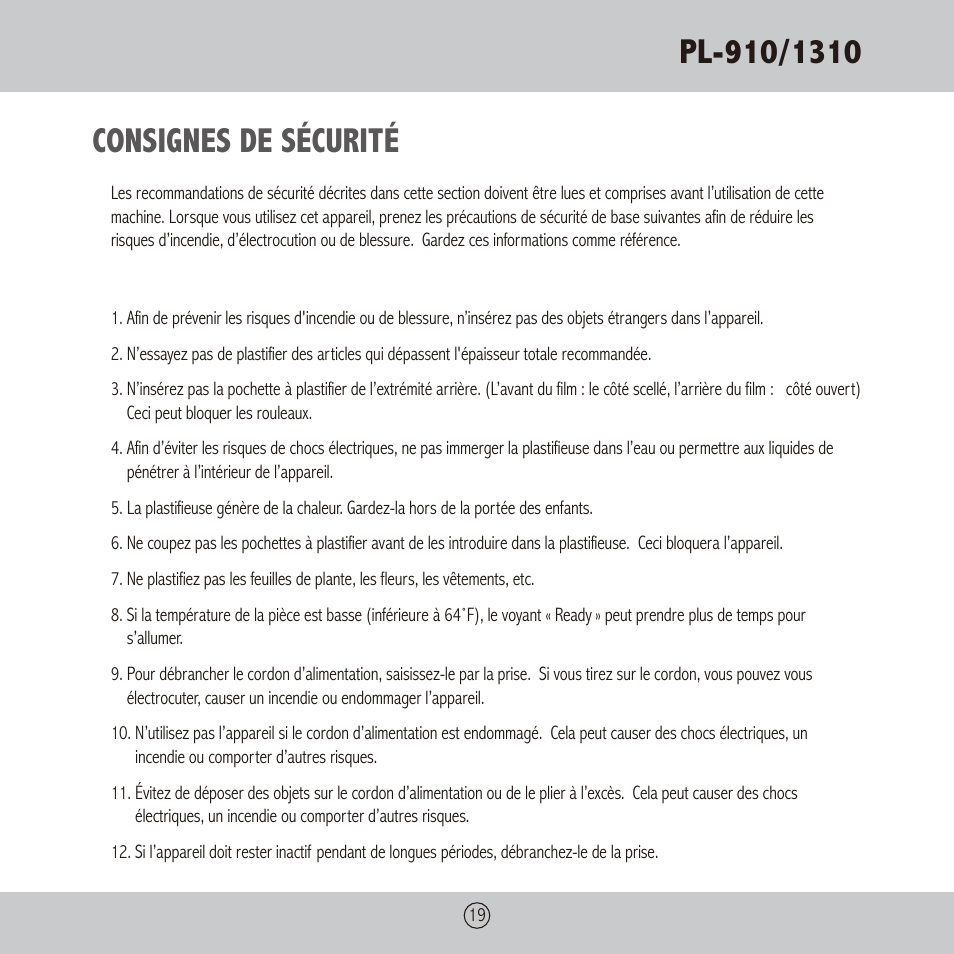 Consignes de sécurité | Royal Sovereign PL-1310 User Manual | Page 19 / 24
