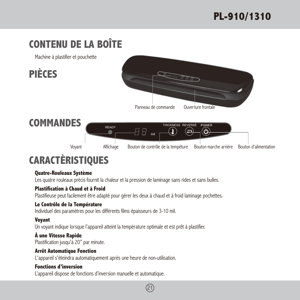 Contenu de la boîte, Pièces commandes caractèristiques | Royal Sovereign PL-1310 User Manual | Page 21 / 24