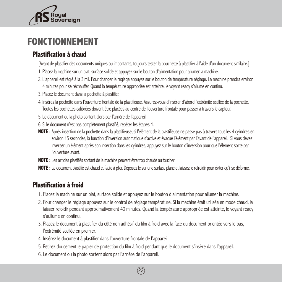 Fonctionnement, Plastification à chaud, Plastification à froid | Royal Sovereign PL-1310 User Manual | Page 22 / 24