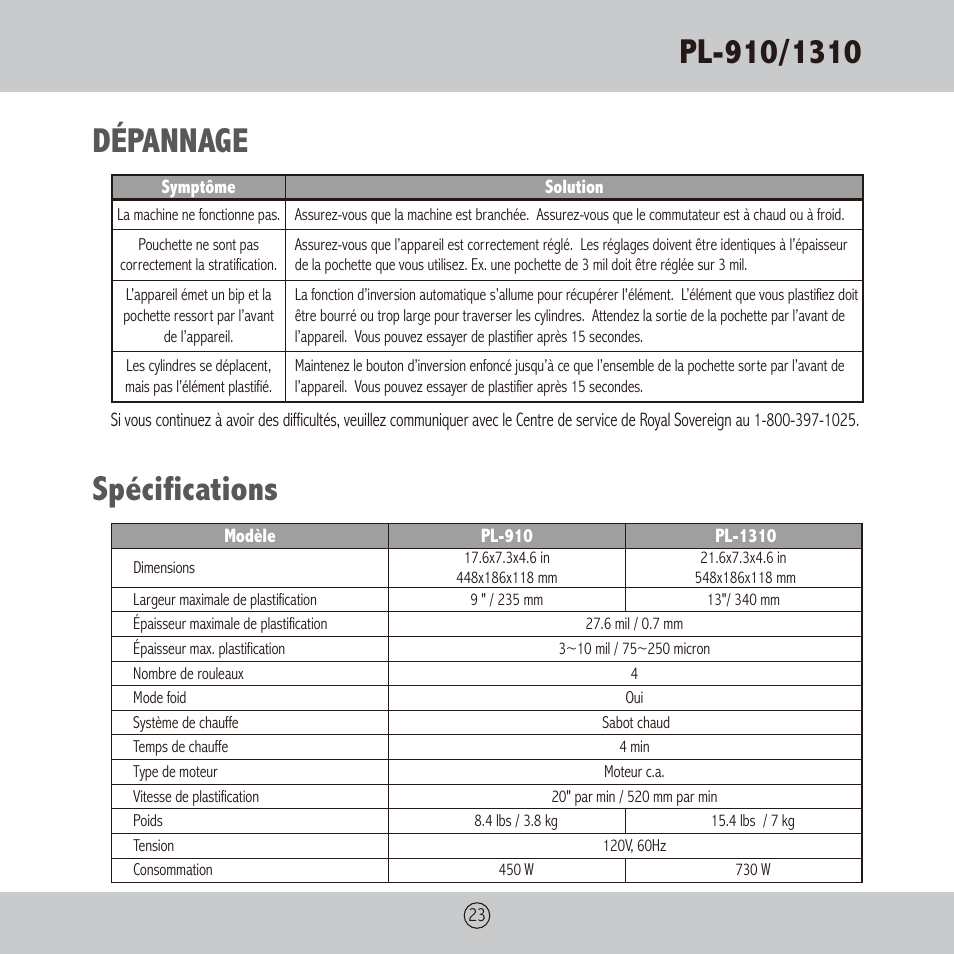 Dépannage spécifications | Royal Sovereign PL-1310 User Manual | Page 23 / 24