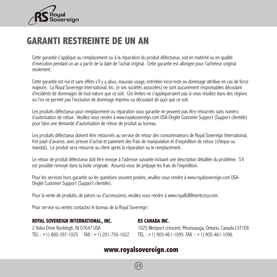 Garanti restreinte de un an | Royal Sovereign PL-1310 User Manual | Page 24 / 24