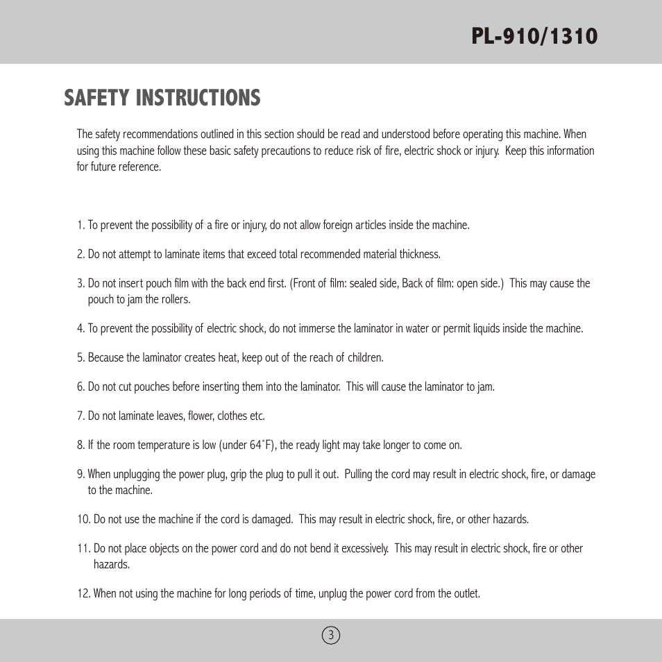 Safety instructions | Royal Sovereign PL-1310 User Manual | Page 3 / 24