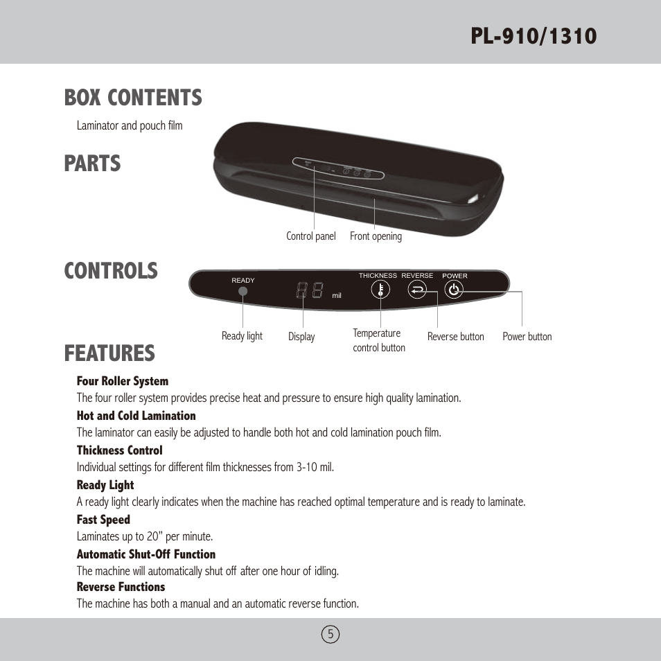 Box contents, Parts controls features | Royal Sovereign PL-1310 User Manual | Page 5 / 24