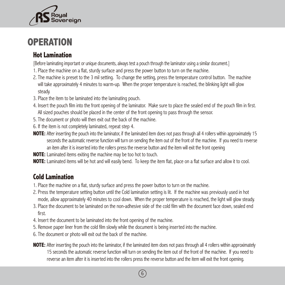 Operation, Hot lamination, Cold lamination | Royal Sovereign PL-1310 User Manual | Page 6 / 24