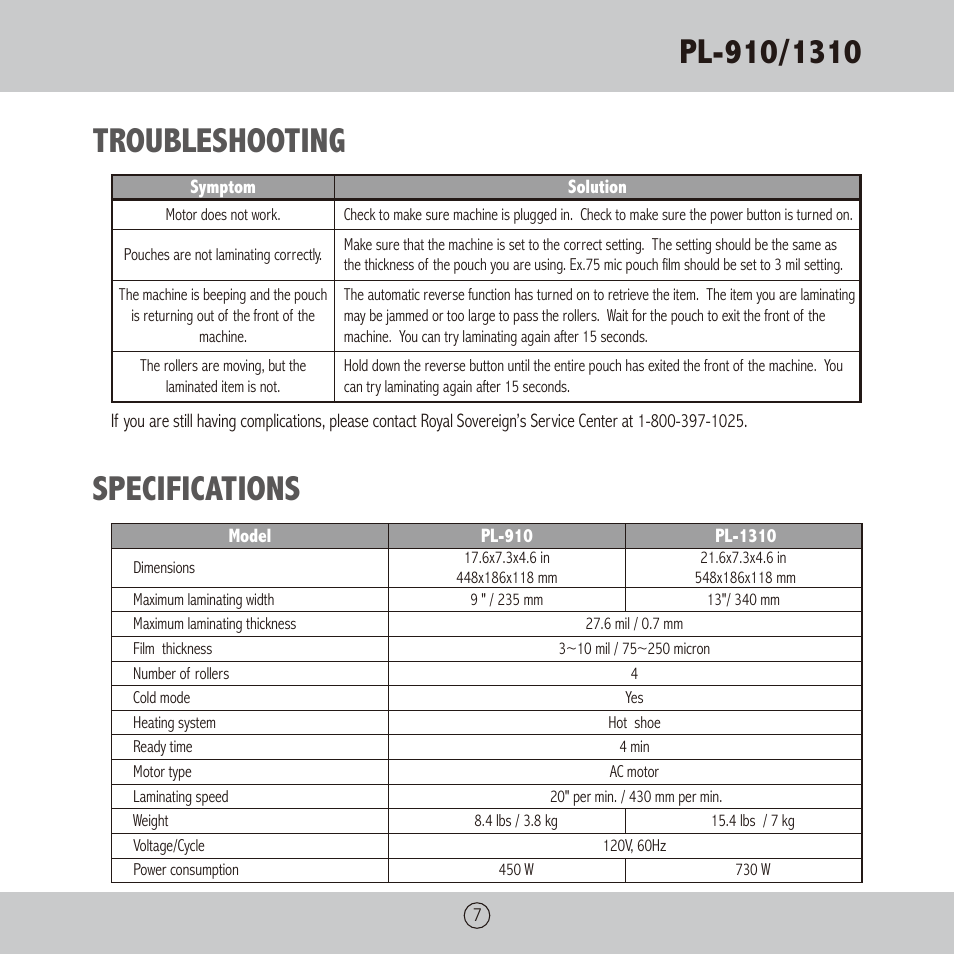 Troubleshooting, Specifications | Royal Sovereign PL-1310 User Manual | Page 7 / 24