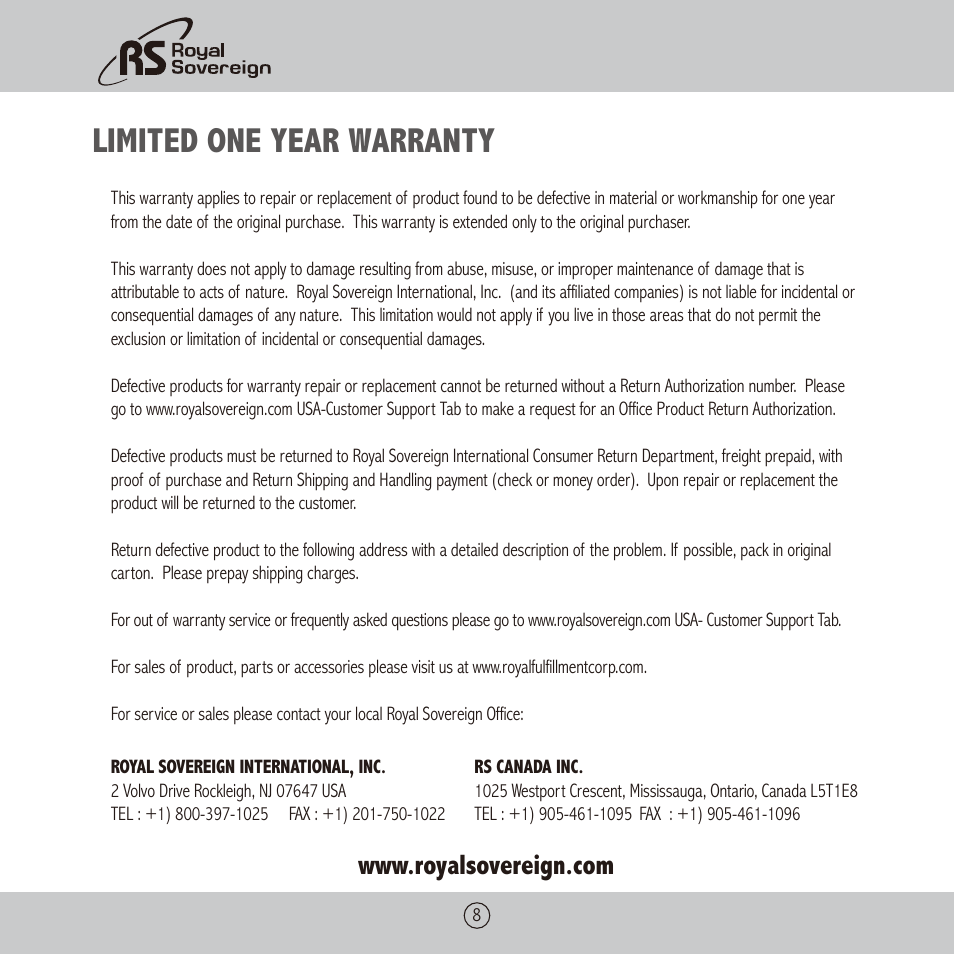 Limited one year warranty | Royal Sovereign PL-1310 User Manual | Page 8 / 24