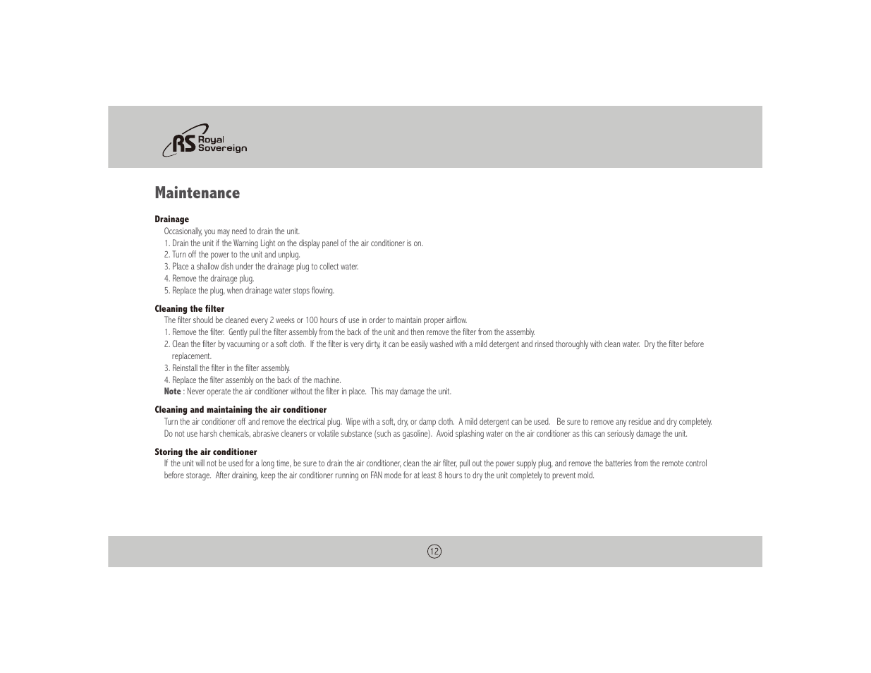 Maintenance | Royal Sovereign NOTHING ARP-1010 User Manual | Page 12 / 32