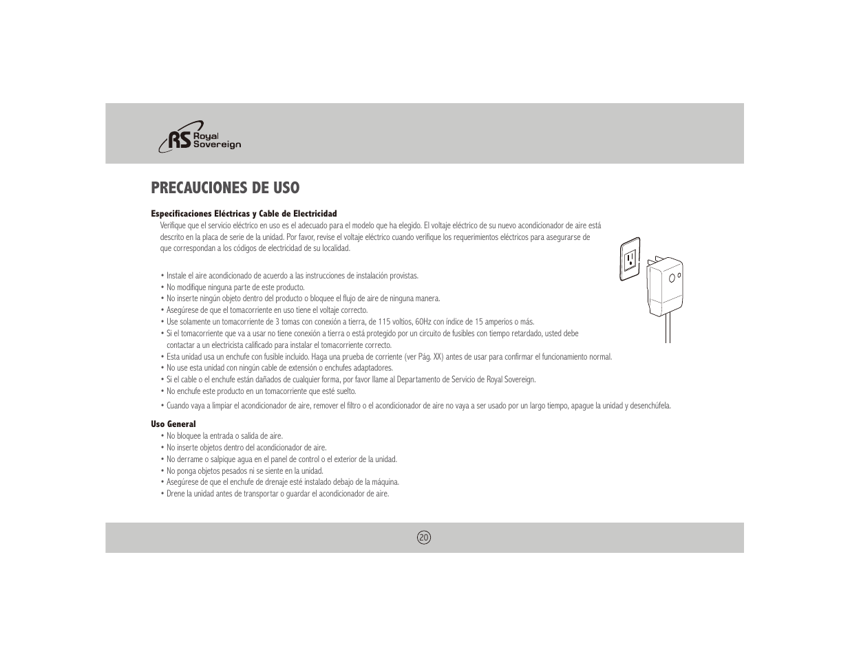 Precauciones de uso | Royal Sovereign NOTHING ARP-1010 User Manual | Page 20 / 32