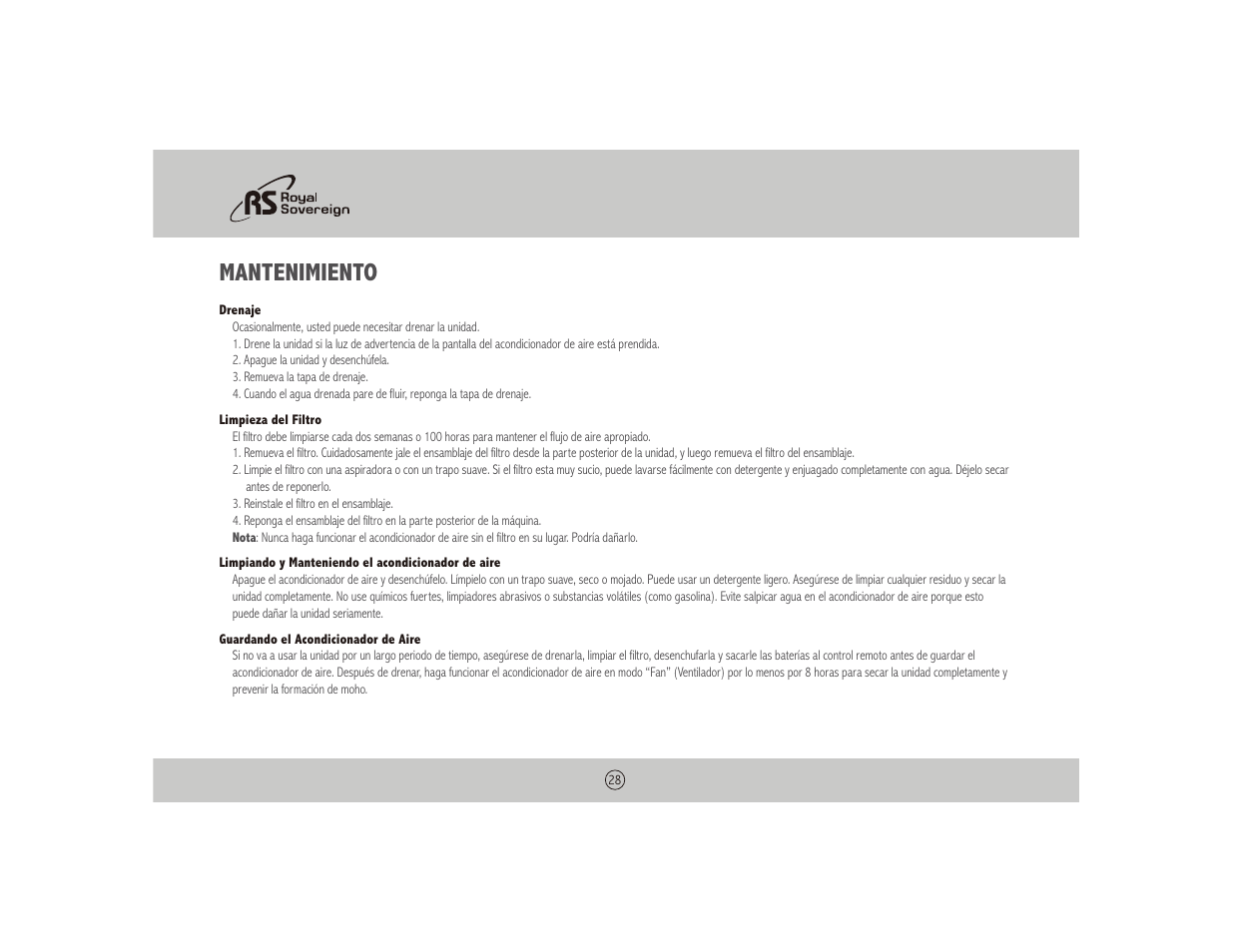 Mantenimiento | Royal Sovereign NOTHING ARP-1010 User Manual | Page 28 / 32