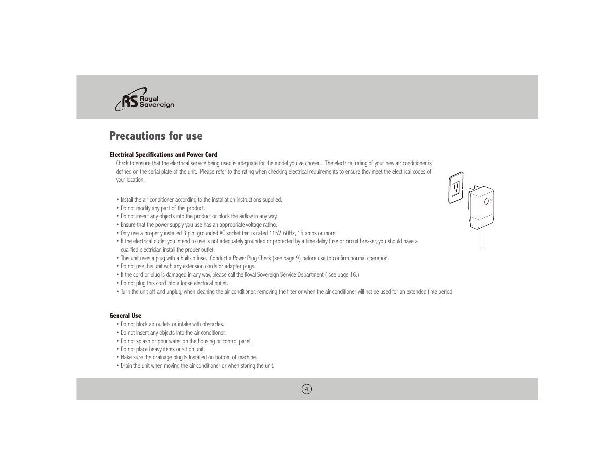 Precautions for use | Royal Sovereign NOTHING ARP-1010 User Manual | Page 4 / 32