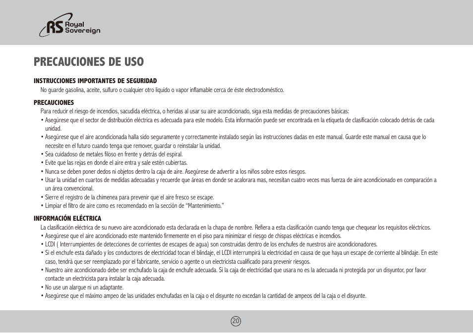 Precauciones de uso | Royal Sovereign ARP-9009TL User Manual | Page 20 / 48