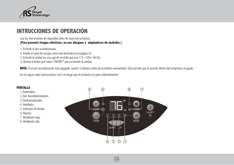 Intrucciones de operación | Royal Sovereign ARP-9009TL User Manual | Page 24 / 48