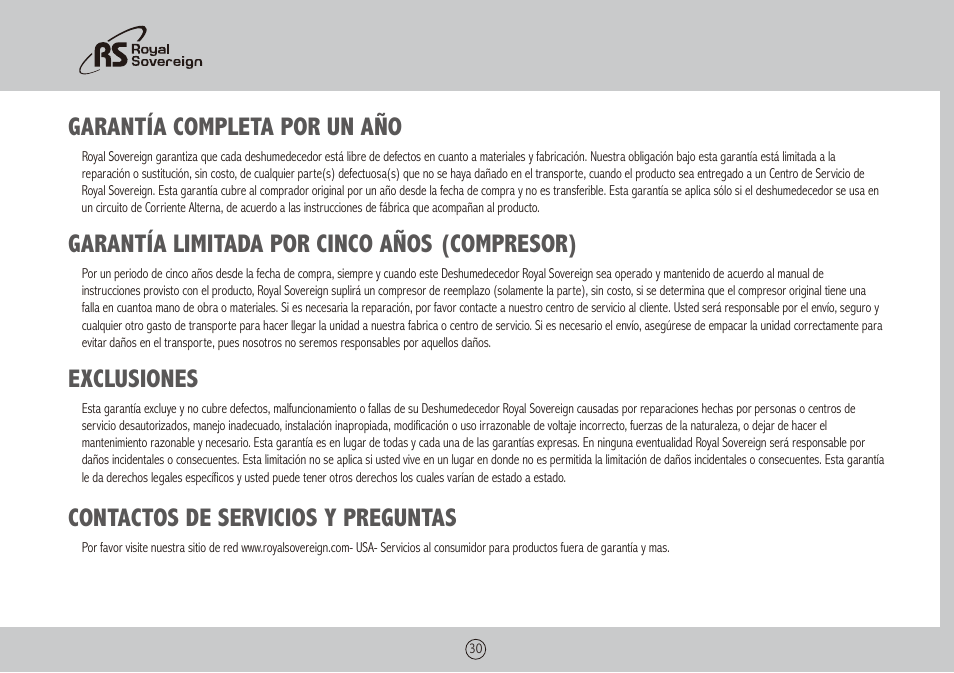 Garantía completa por un año, Garantía limitada por cinco años (compresor), Exclusiones | Contactos de servicios y preguntas | Royal Sovereign ARP-9009TL User Manual | Page 30 / 48