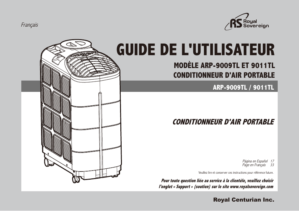 Guide de l'utilisateur, Conditionneur d'air portable | Royal Sovereign ARP-9009TL User Manual | Page 33 / 48