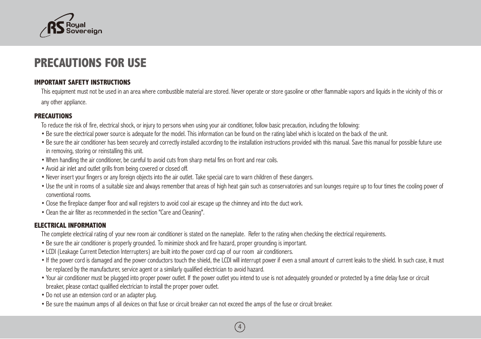 Precautions for use | Royal Sovereign ARP-9009TL User Manual | Page 4 / 48