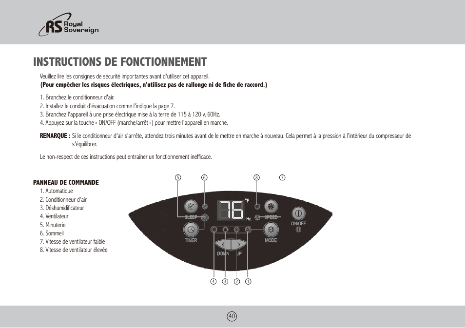 Instructions de fonctionnement | Royal Sovereign ARP-9009TL User Manual | Page 40 / 48