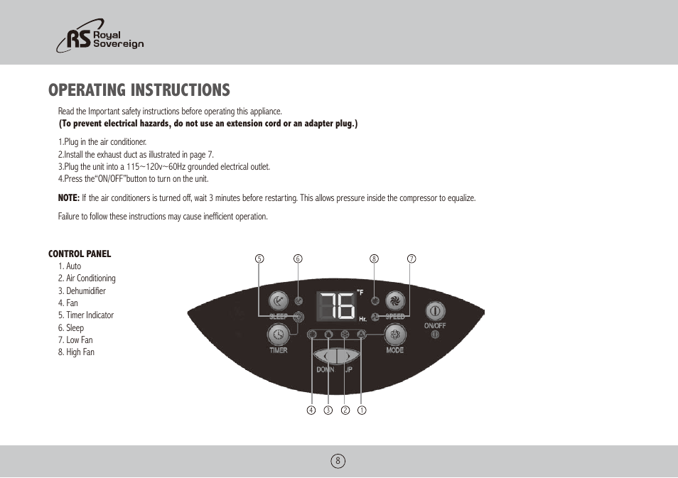 Operating instructions | Royal Sovereign ARP-9009TL User Manual | Page 8 / 48