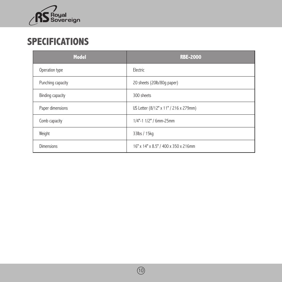Specifications | Royal Sovereign RBE-2000 User Manual | Page 10 / 36