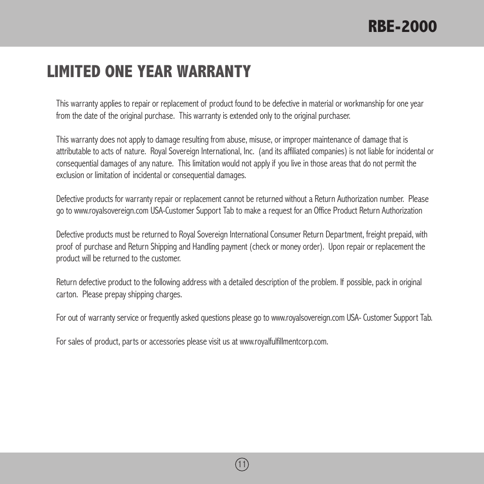 Rbe-2000, Limited one year warranty | Royal Sovereign RBE-2000 User Manual | Page 11 / 36
